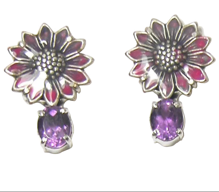 32197E Amethyst Enamel Flower Sterling Silver Earrings