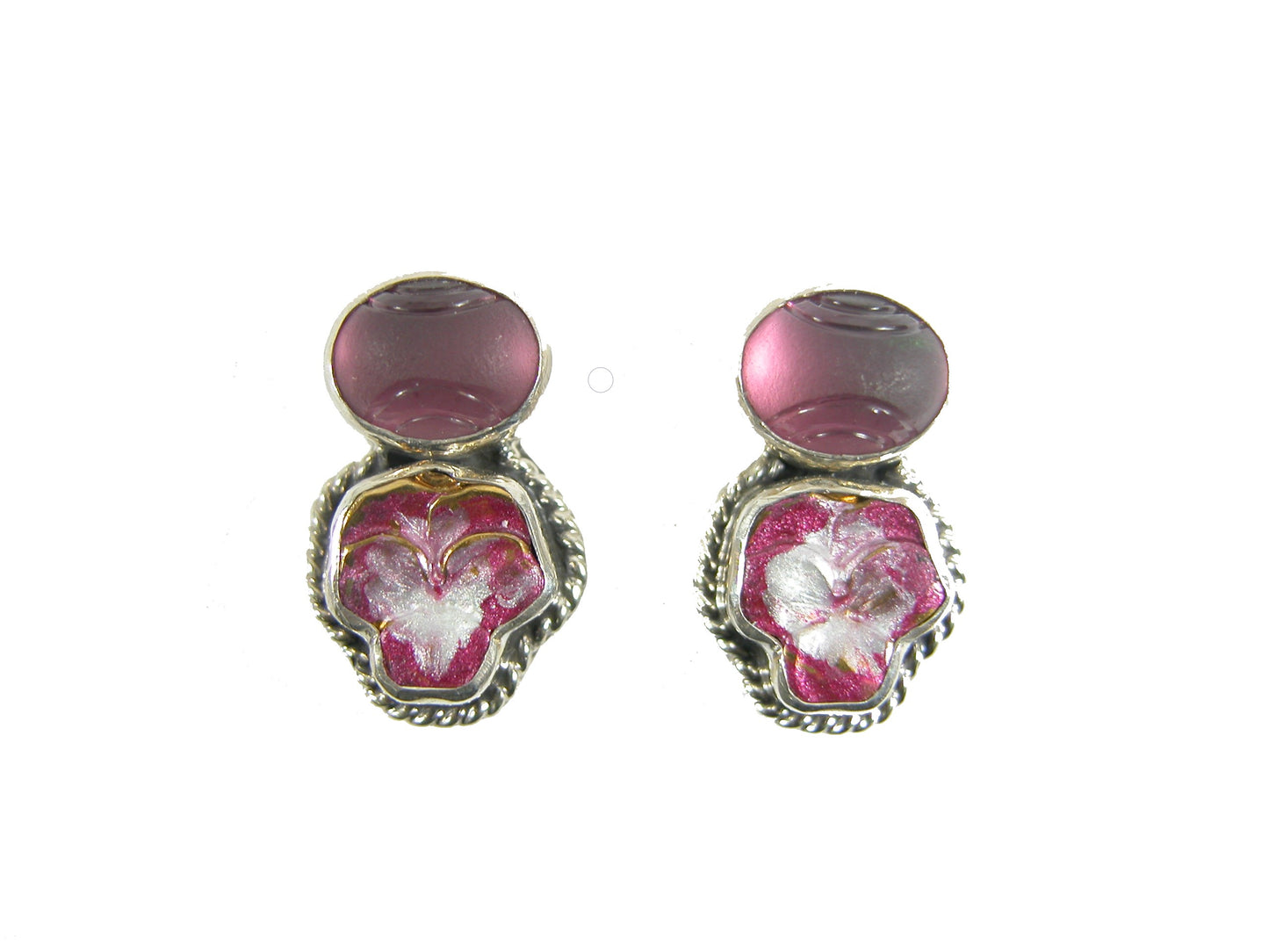 31037 Quartz, Enameled Flower Sterling Silver Earrings