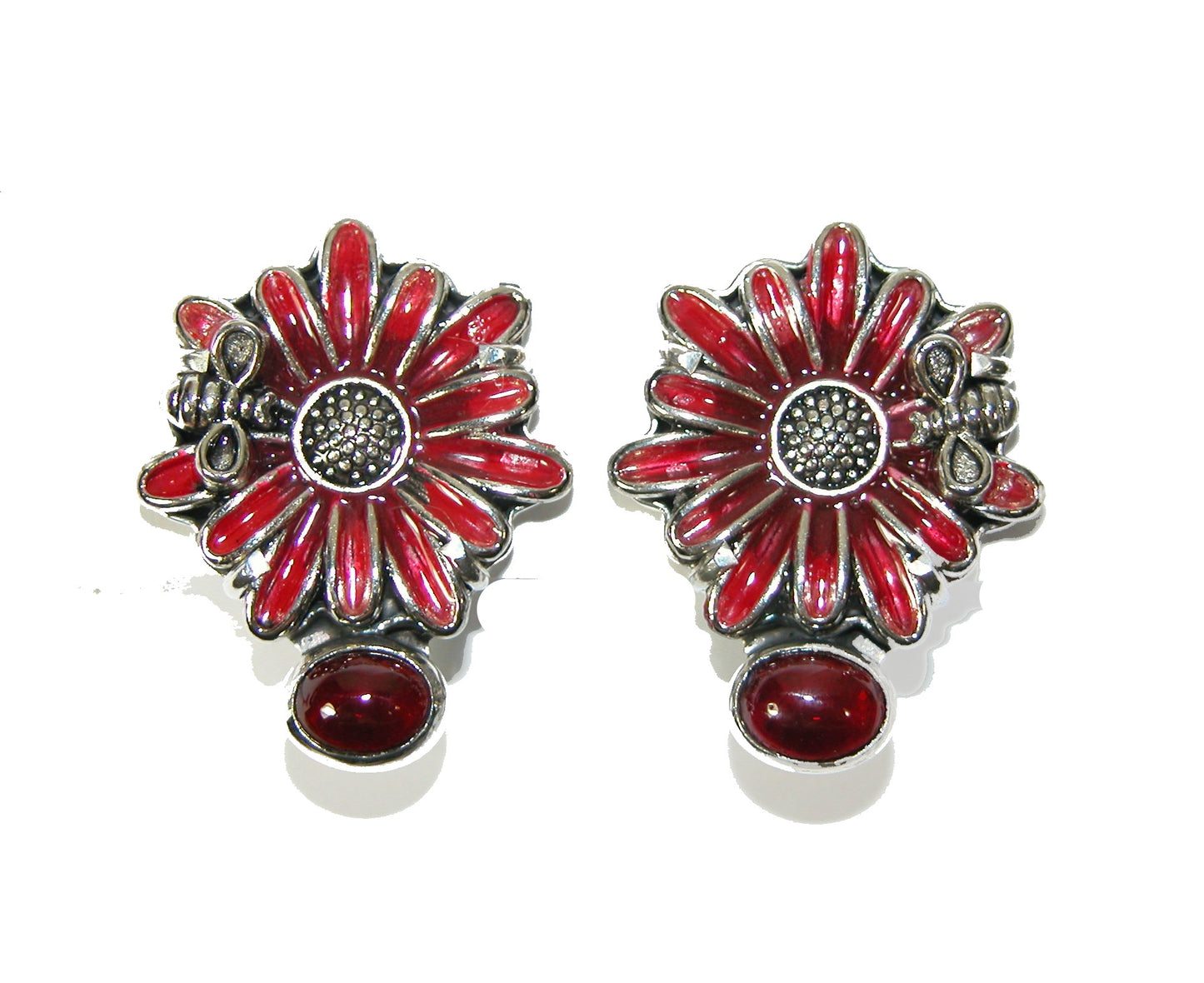 30824A Garnet, Enameled Flower, Sterling Silver Earrings