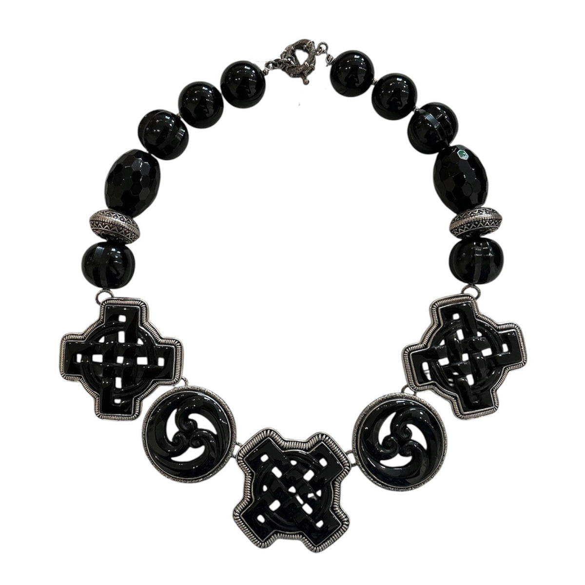 19719 Obsidian, Onyx Beaded Sterling Silver Necklace