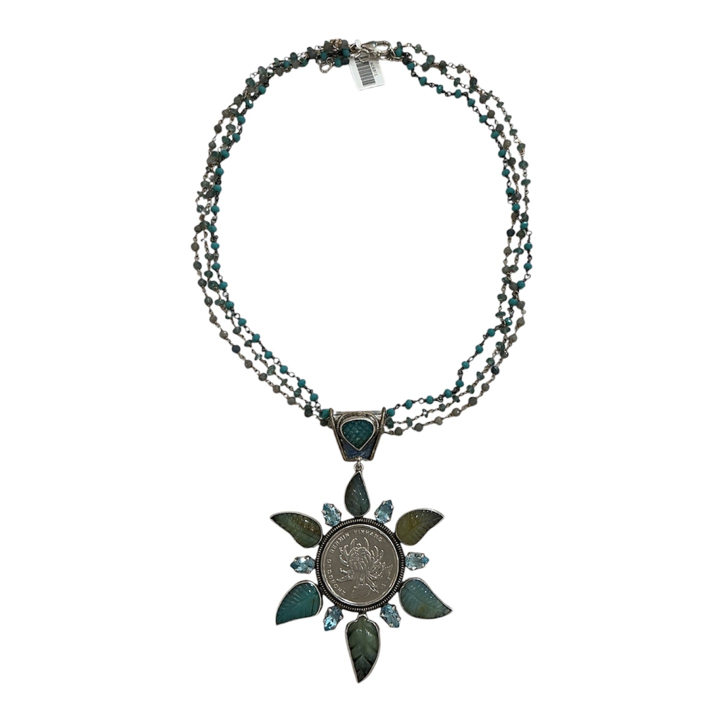 31697A Blue Topaz Lotus Coin Sterling Silver Necklace