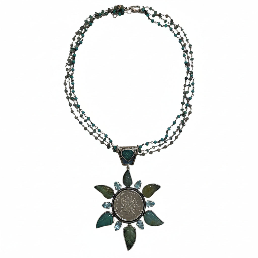 31697A Blue Topaz Lotus Coin Sterling Silver Necklace