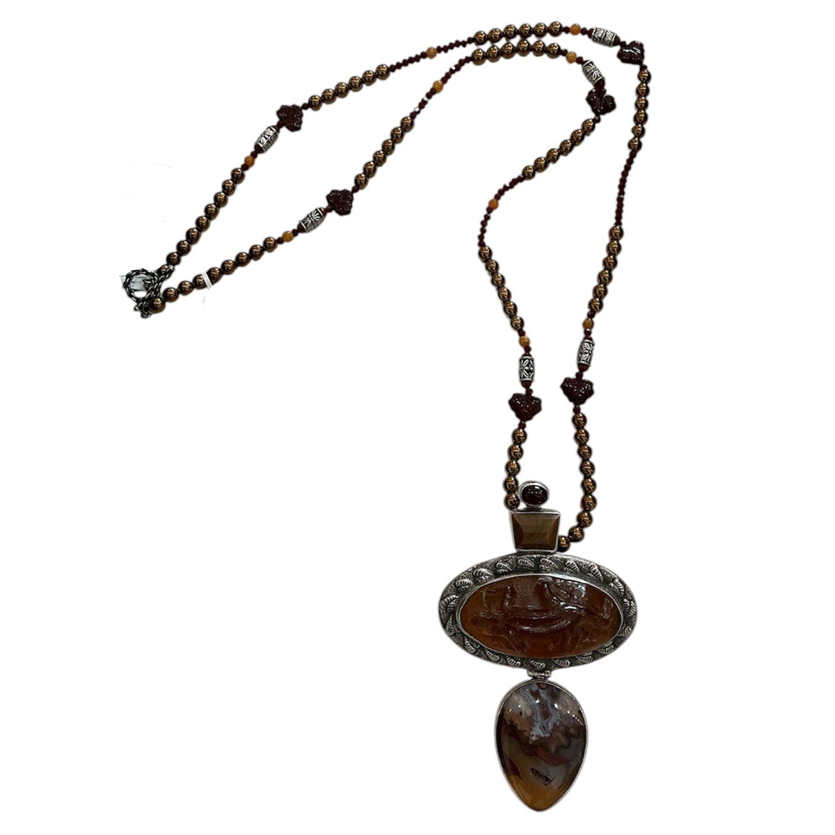 1835 Hand Carved Baltic Amber, Garnet, Agate,Crystal, Hematite Sterling Silver Necklace