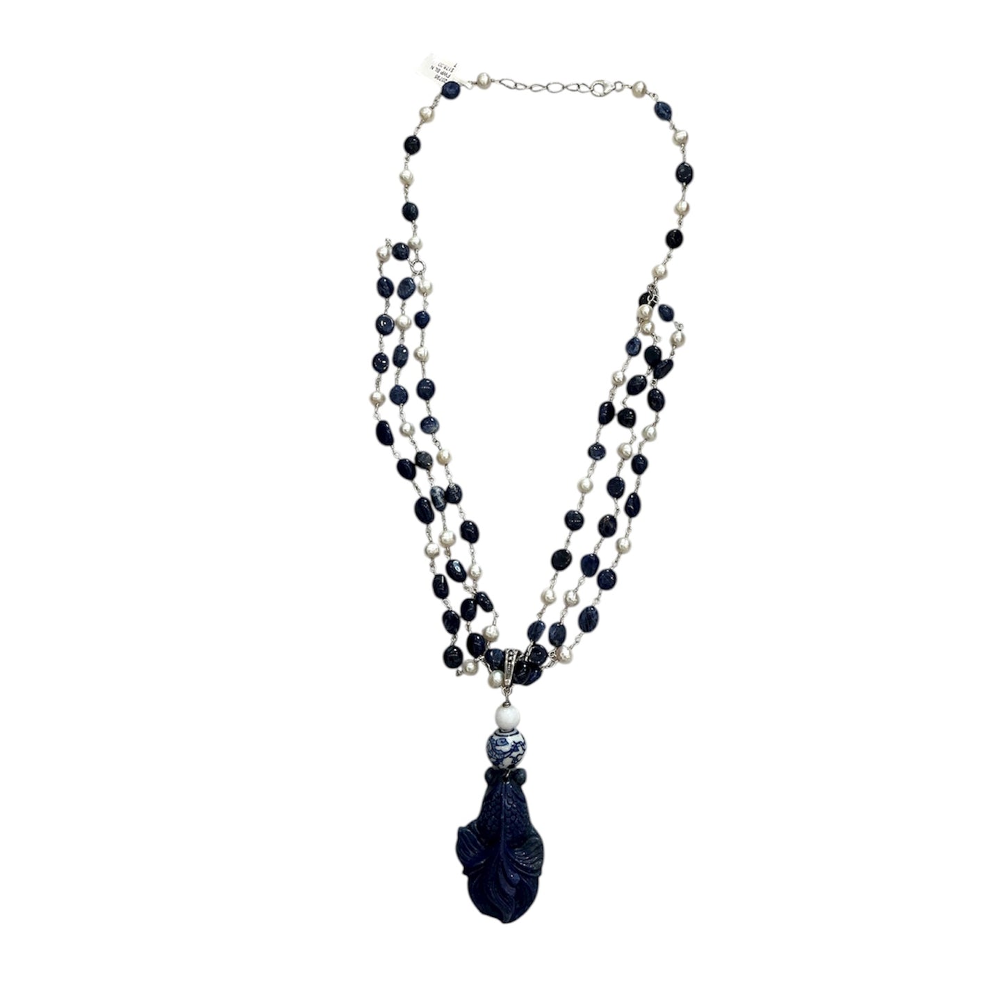 20795 Freshwater Pearl, Blue Lapis, Carved Fish Necklace