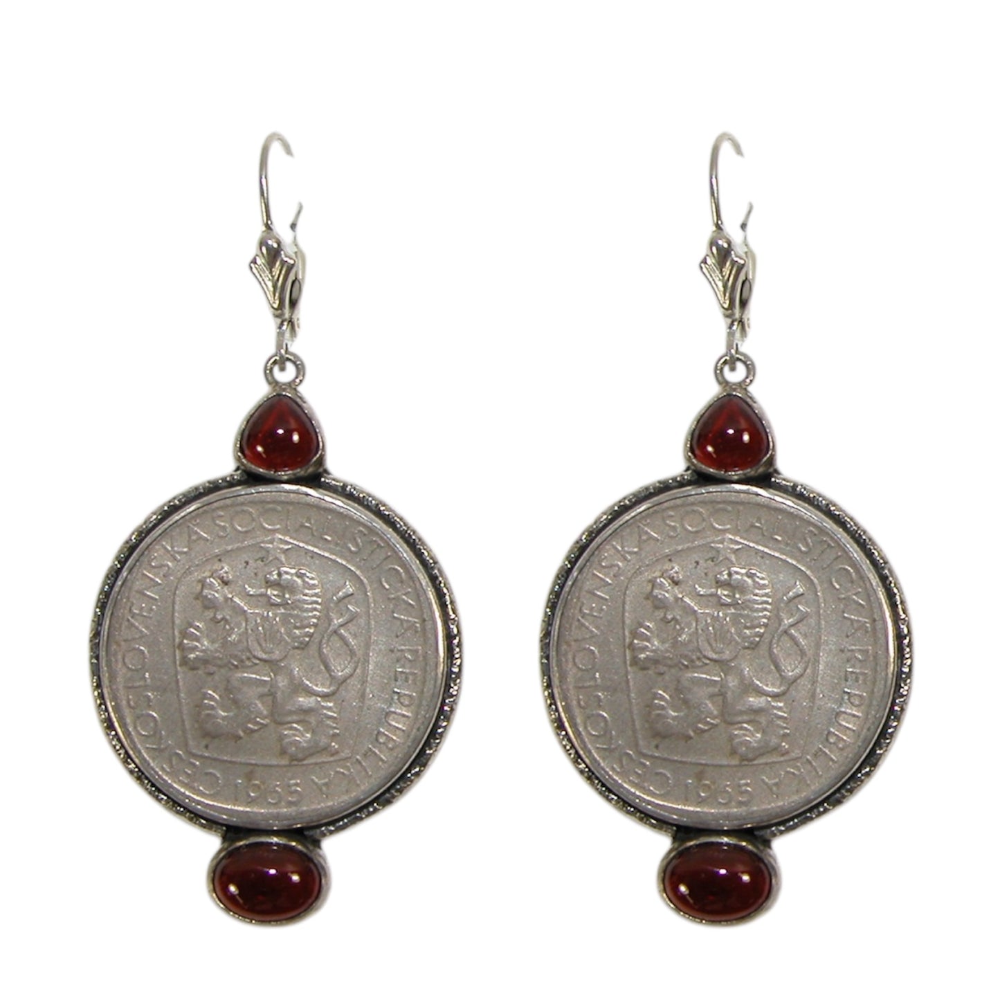 31372L Lion Coin Garnet Sterling Silver Earrings