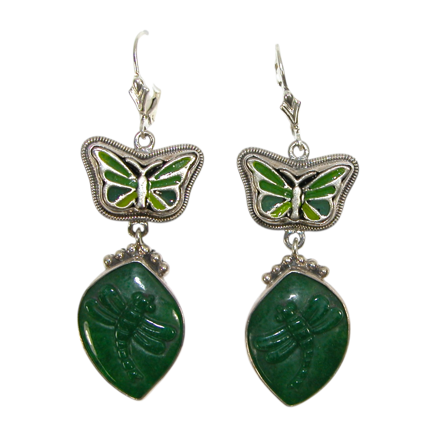 30771A Hand Enamel Butterfly Green Agate Sterling Silver Earrings