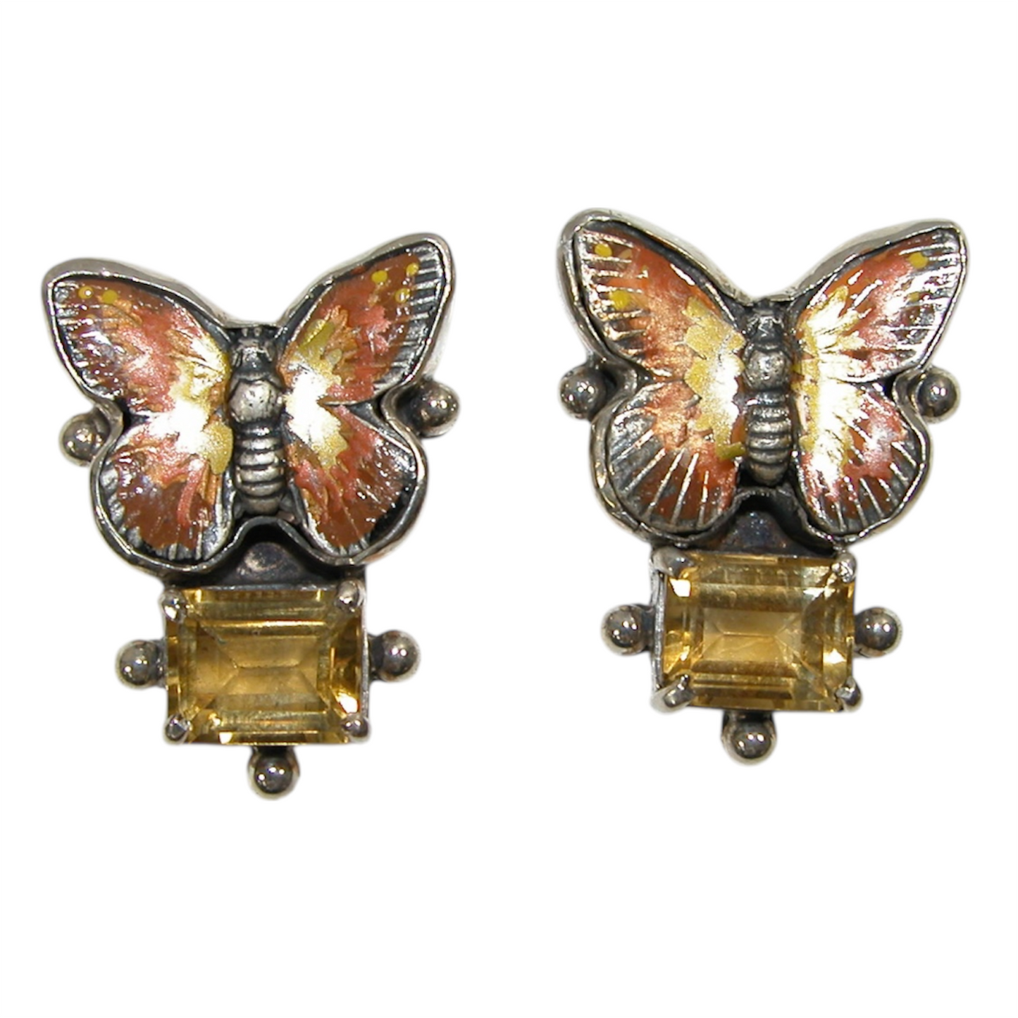 32896 Citrine Hand Enameling Butterfly Sterling Silver Earrings