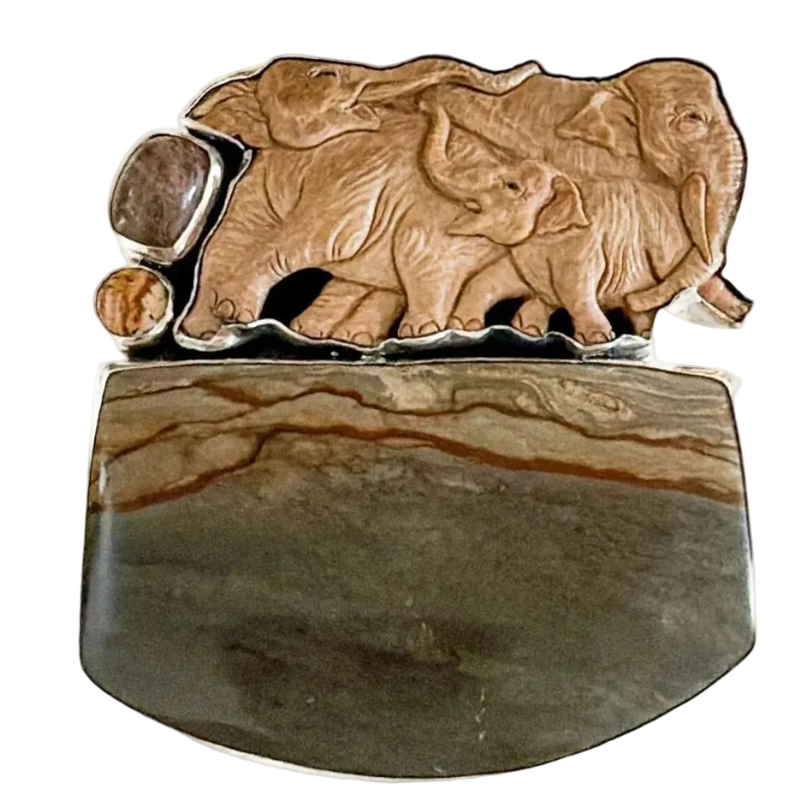 34346 Hand Carved Fossil Ivory Elephant, Picture Jasper, Rutilated Quartz Pin Pendant