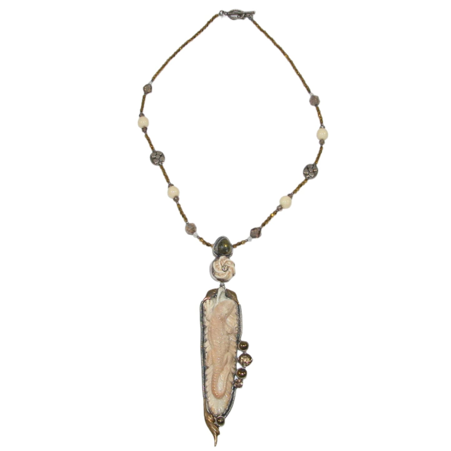 11009 Carved Mammoth Ivory, Carved Bone, Hematite Sterling Silver Necklace