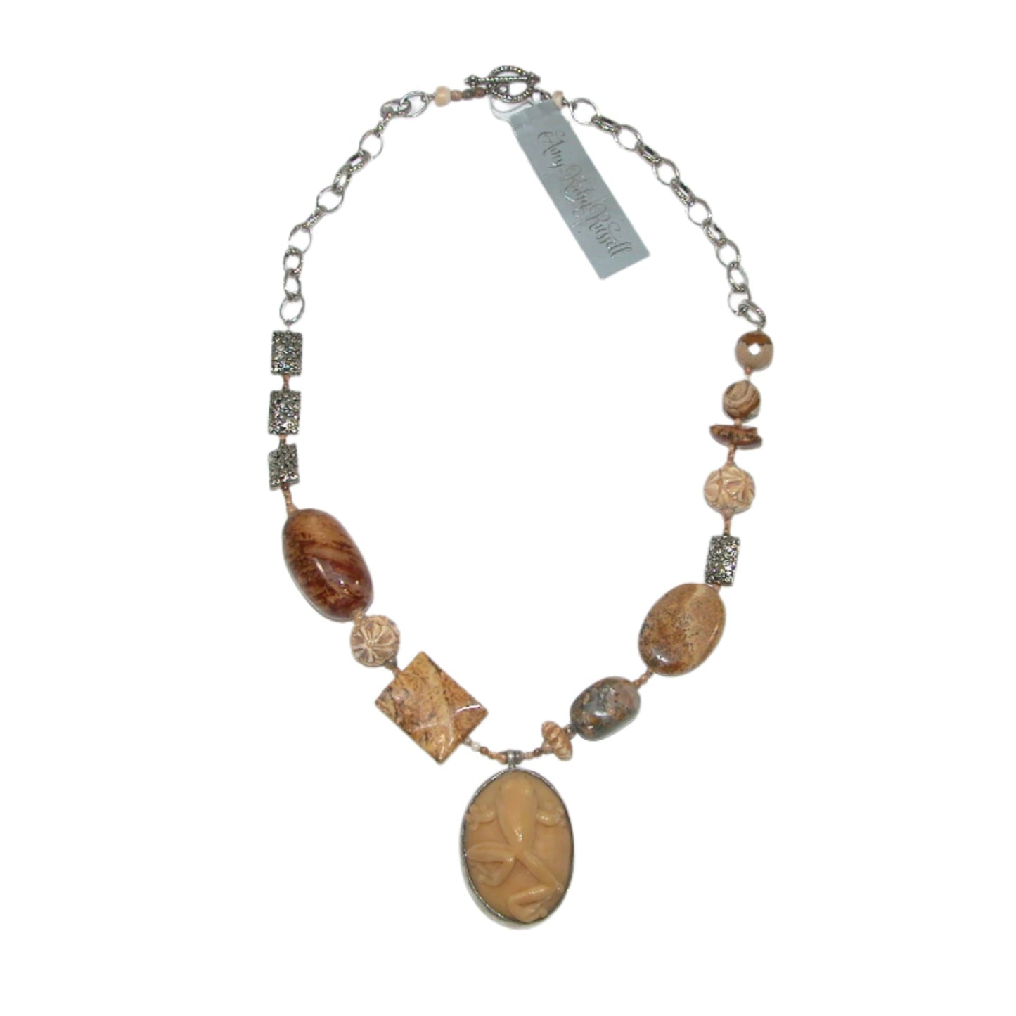 19619A Picture Jasper, Carved Tagua Seed, Carved Bone Tobacco Leaf Frog Sterling Silver Necklace