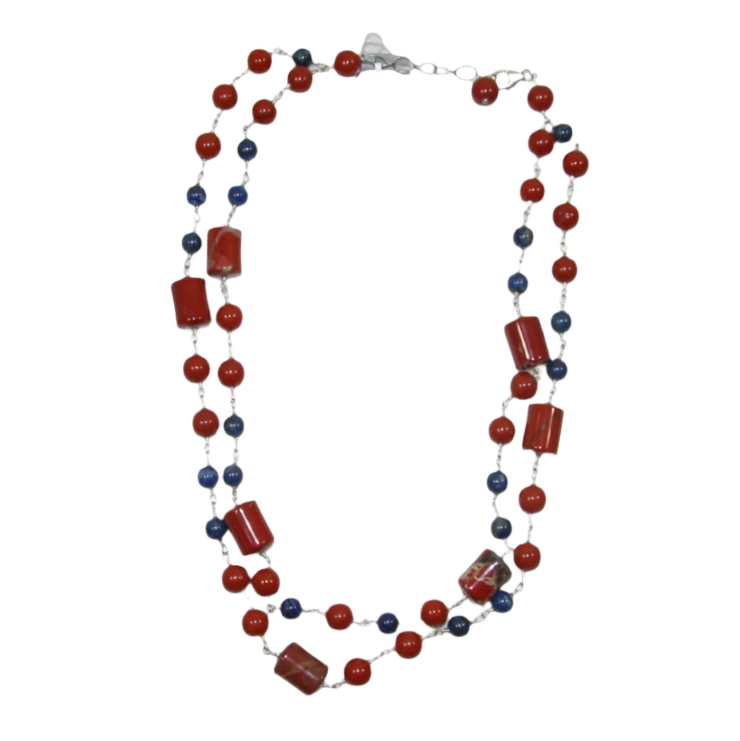 N5062 Jasper, Lapis Beaded Sterling Silver Necklace