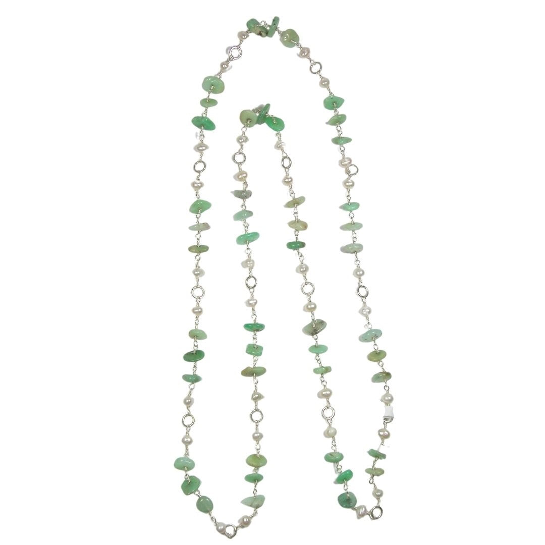 N5296 Freshwater Pearl, Chrysoprase Long Beaded Sterling Silver Necklace
