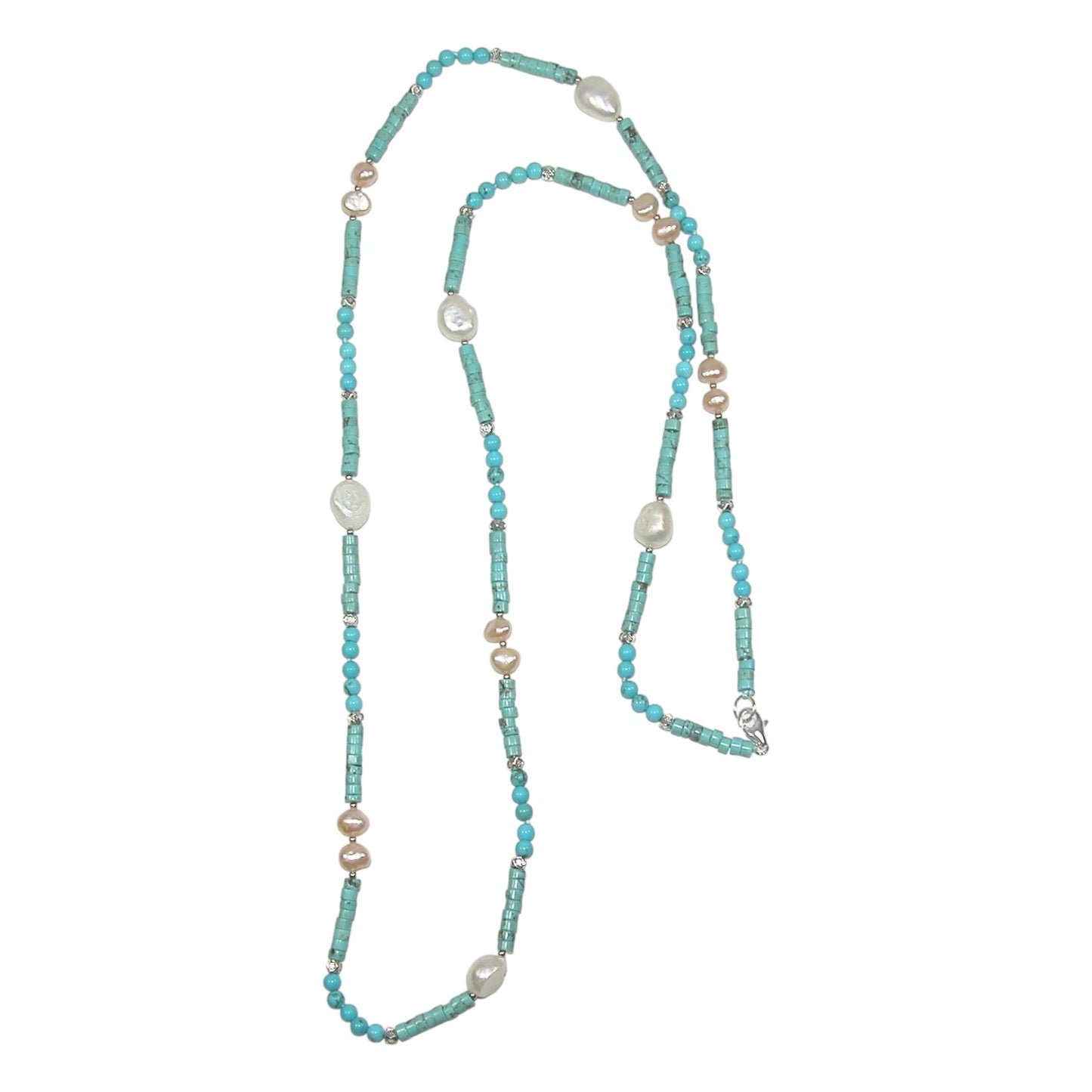Freshwater Pearl, Turquoise Beaded Sterling Silver Necklace