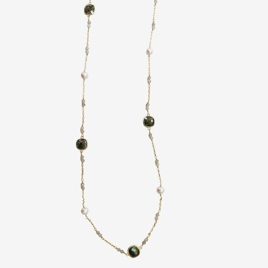 N5496 Freshwater Pearl, Faceted Labradorite Necklace