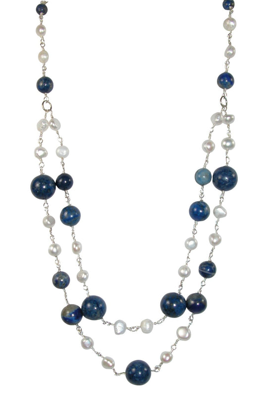 N5579 Lapis and Freshwater 2 Strand Layered Necklace