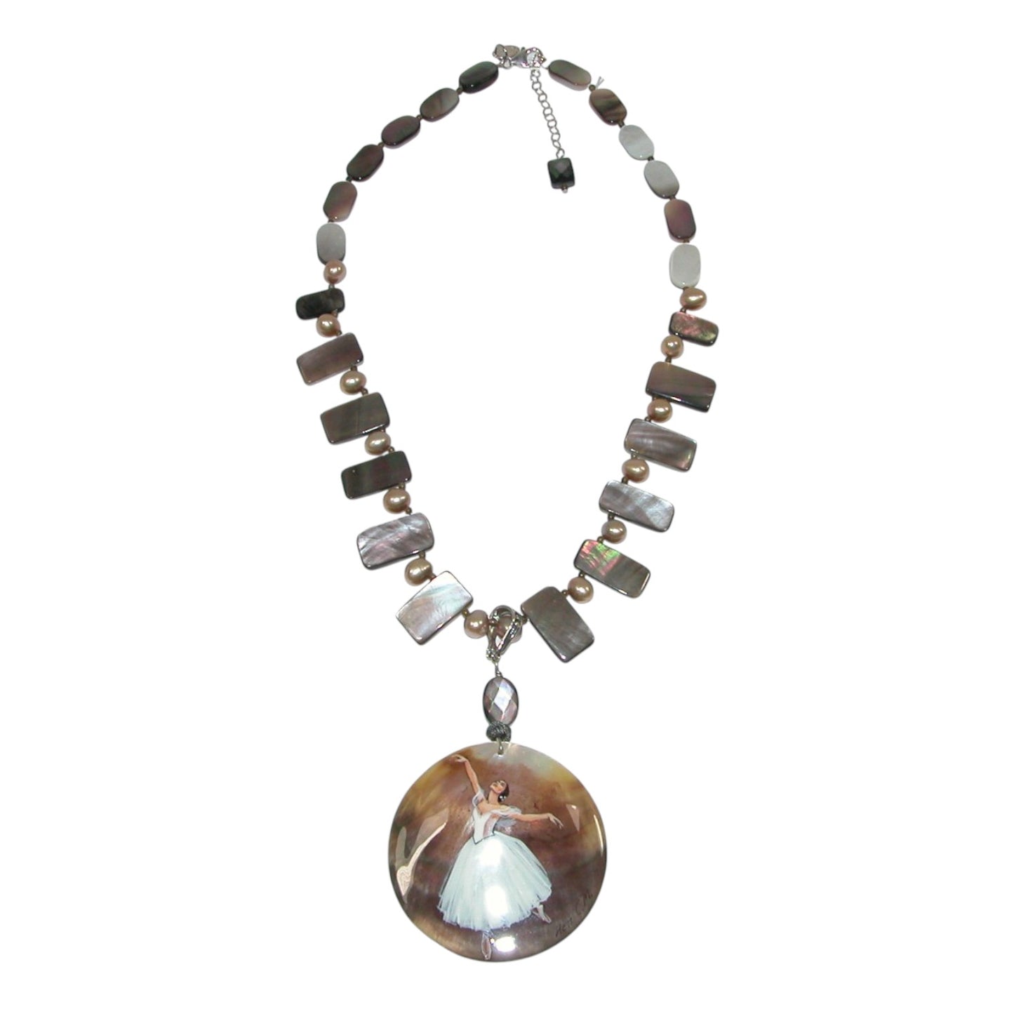 PNT017 Hand Painted Ballerina Mother of Pearl, Smoky Quartz, Beaded Sterling Silver Necklace