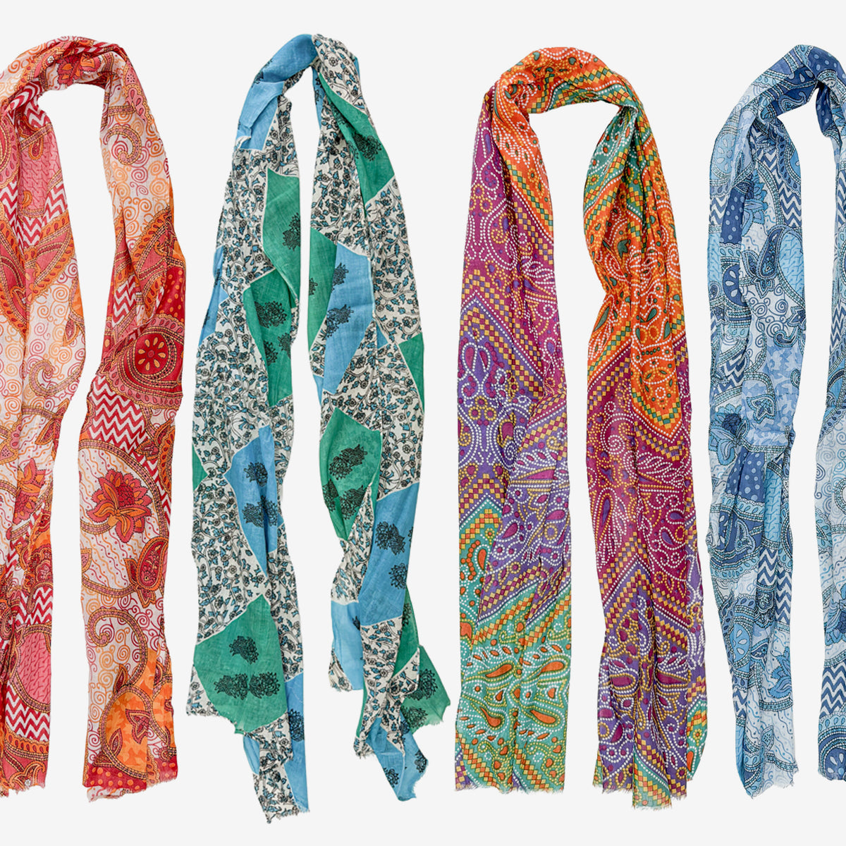 Printed Cotton Scarf, Blue / Green (GF4537)