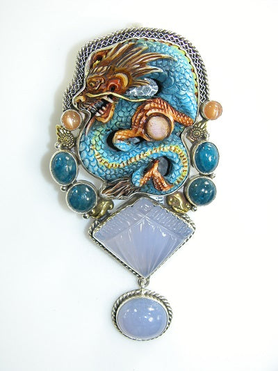 Hand Painted and Carved Dragon, Opal, & Chalcedony Sterling Silver Pin Pendant