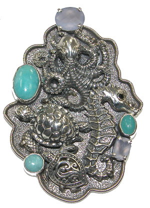 18503 Faceted Chalcedony, Amazonite, Sterling Silver Octopus,Seahorse, Sea Turtles Pin Pendant