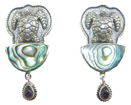 Sea Turtles with Abalone and Iolite Sterling Silver Earrings