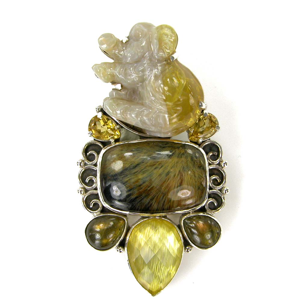 Opal Elephant, Citrine, And Labradorite Sterling Silver Pin Pendant