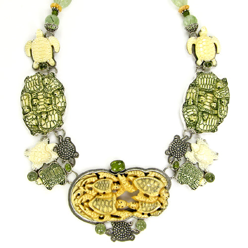 Hand Carved Bone Turtle Prenite Collar Sterling Silver Necklace