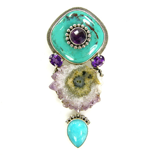 Turquoise with Amethyst Geode Sterling Silver Pin Pendant