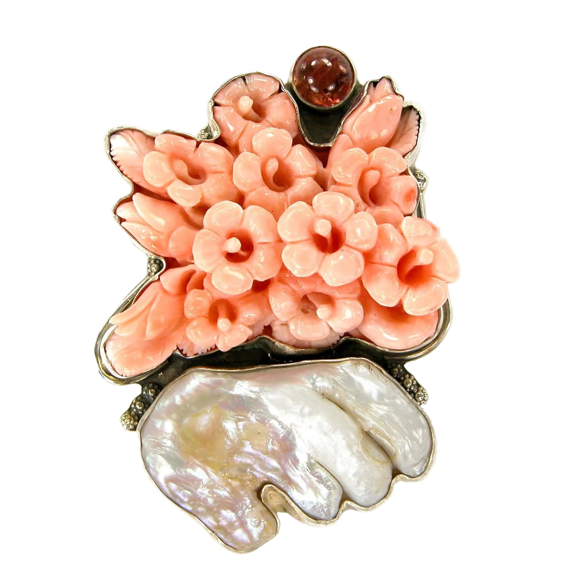 7814 ONE OF A KIND Hand Carved Coral Freshwater Tourmaline Sterling Silver Pin Pendant