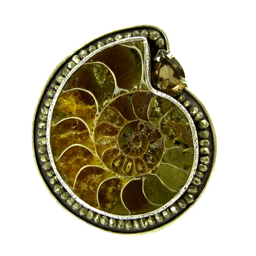 Fossilized Ammonite Framed in Pyrite Sterling Silver Pin Pendant