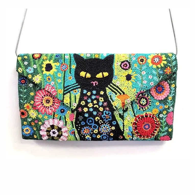 Hand Beaded Cat Mutli Floral Clutch Handbag GF5162