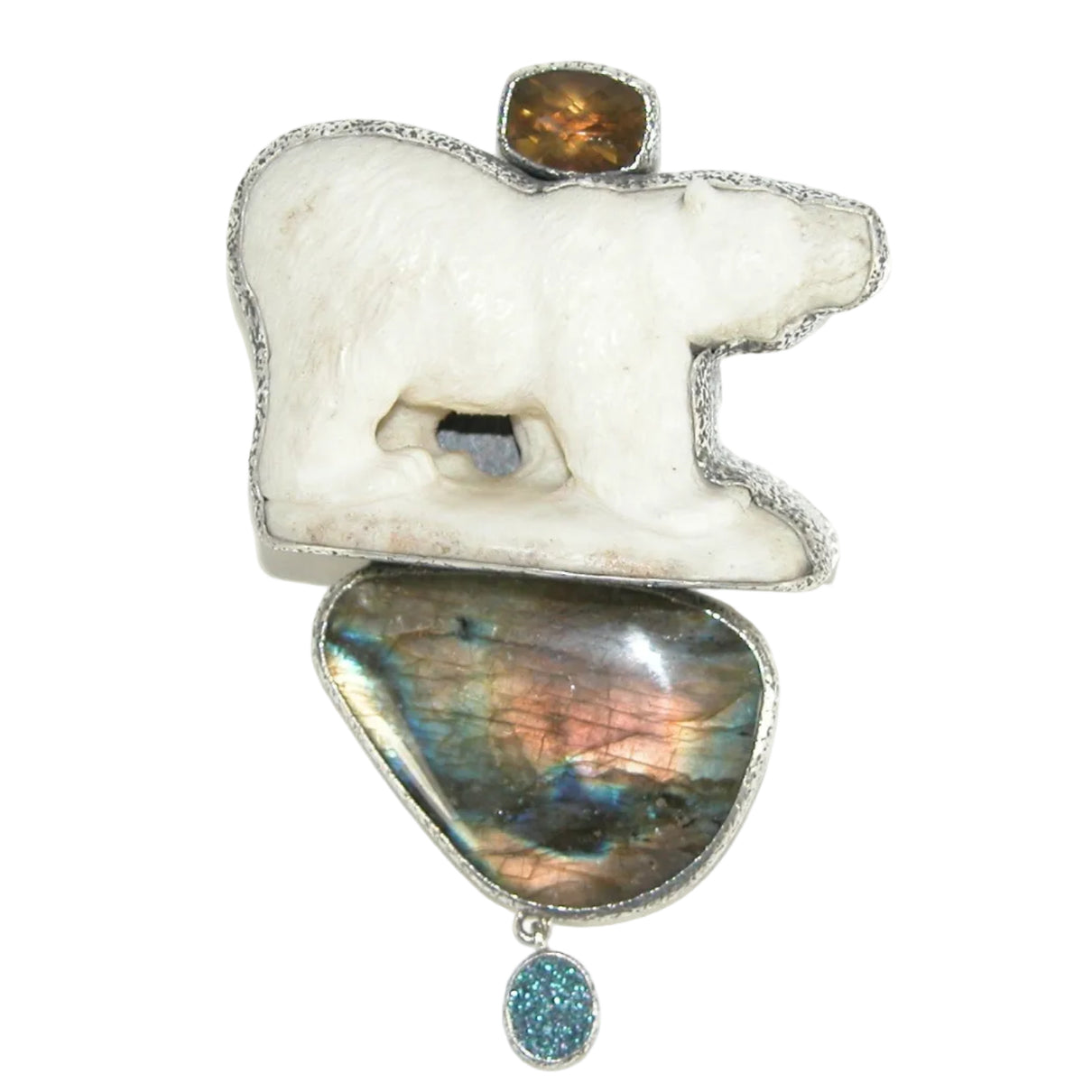31273 Hand Carved Fossil Bear, Labradorite, Titanium Clad Drusy Sterling Silver Pin Pendant