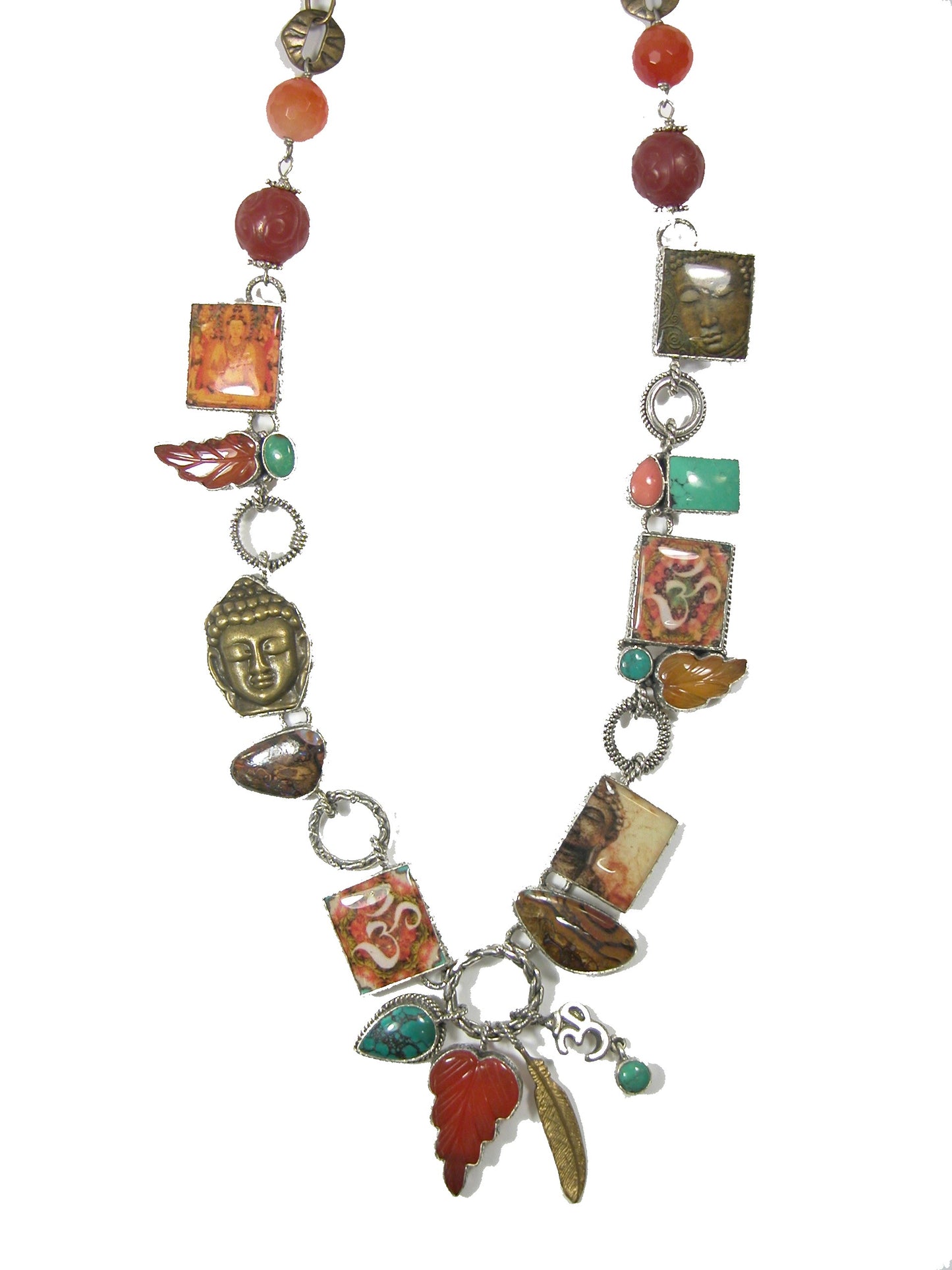 Handmade Tile with Carnelian Turquoise Coral Boulder Opal Sterling Silver Necklace
