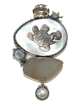 Mother of Pearl, Topaz, Brazilian Druzy Agate, and Fresh Water Pearl Pin and/or Pendant