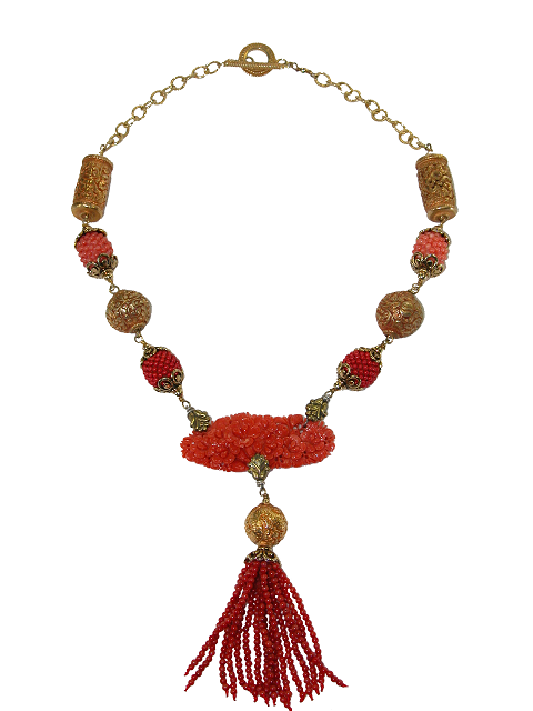 Hand Carved Natural Coral, Vermeli, Gold Over Copper Rappouse Tassel Necklace