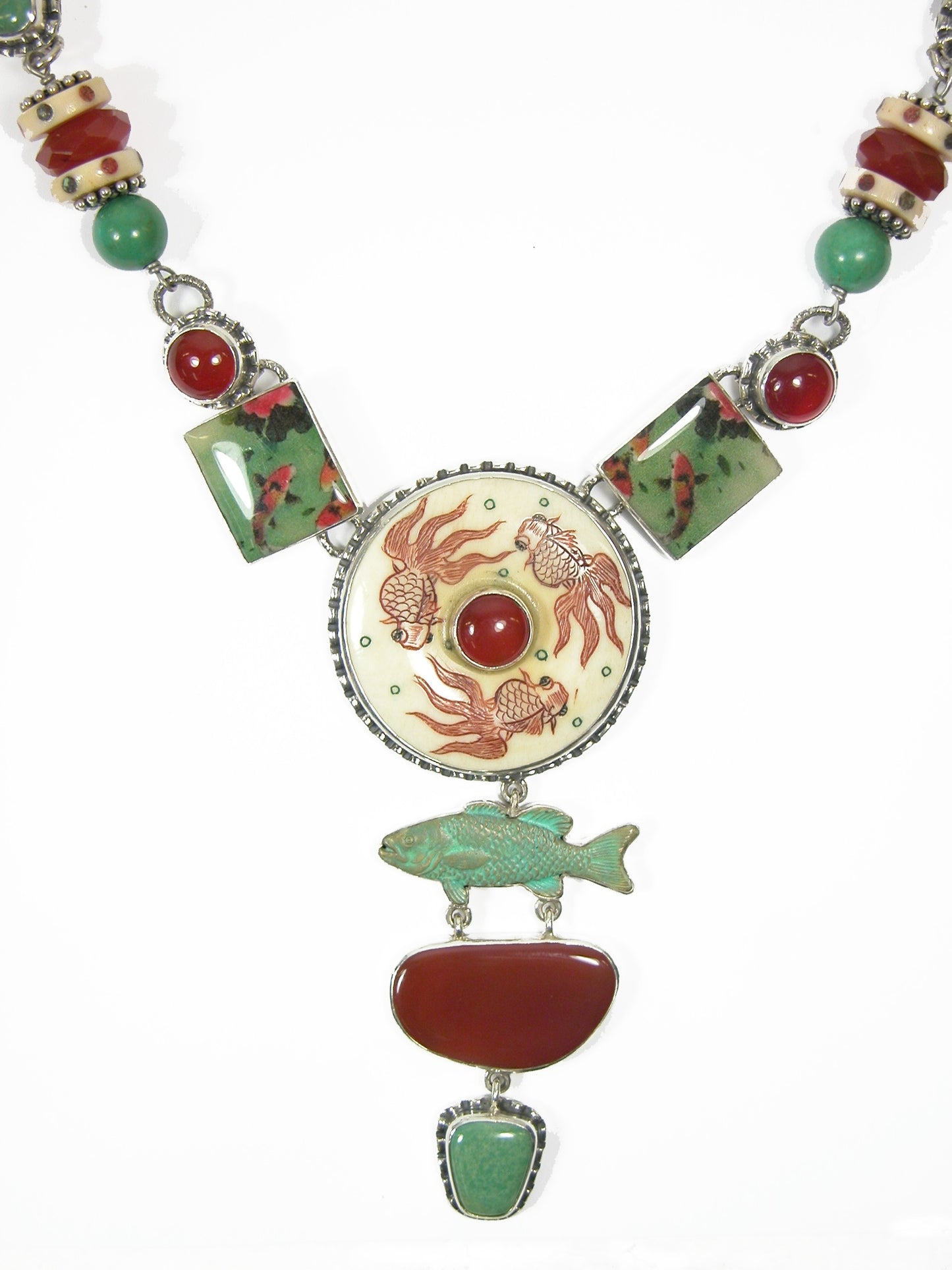 Hand Carved Bone with Jasper and Immolate Turquoise with a Turquoise Carnelian Necklace