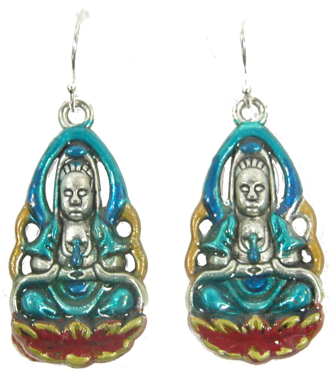 Hand Enameled Buddha Dangle Serling Silver Fishhook Earrings