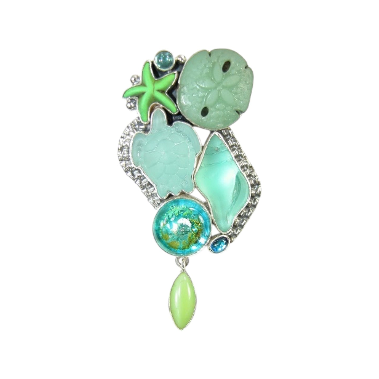 Carved Glass Sea Life Czech Glass Apatite Sterling Silver Pin and Pendant