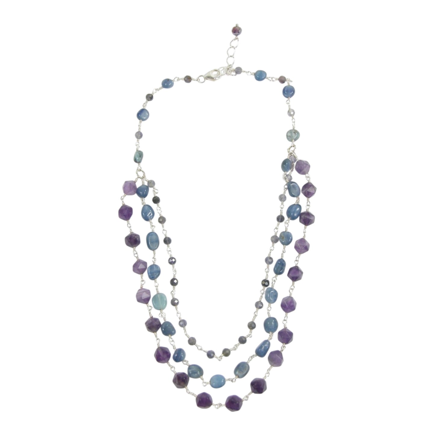 3 Strand Kyanite, Iolite & Amethyst Sterling Silver Necklace
