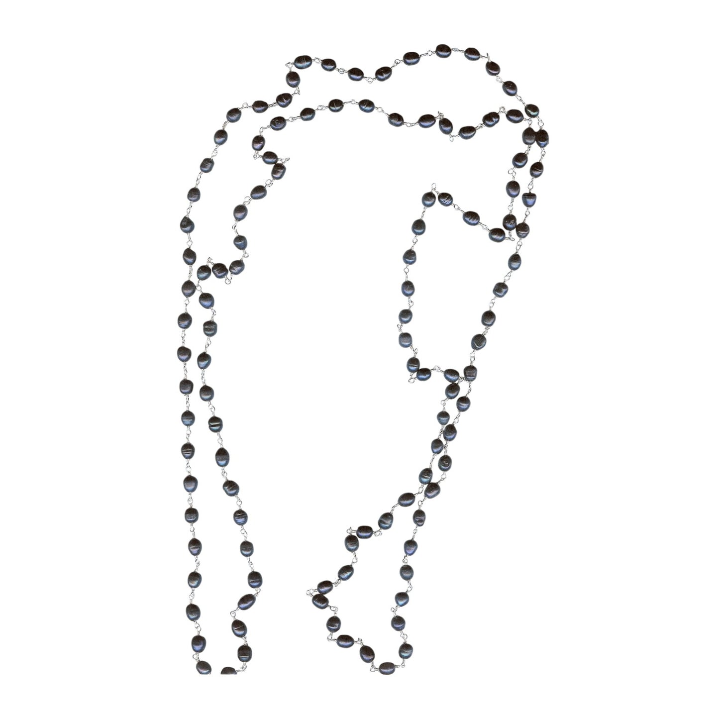 Extra Long Blue Freshwater Pearl Sterling Silver Beaded Necklace