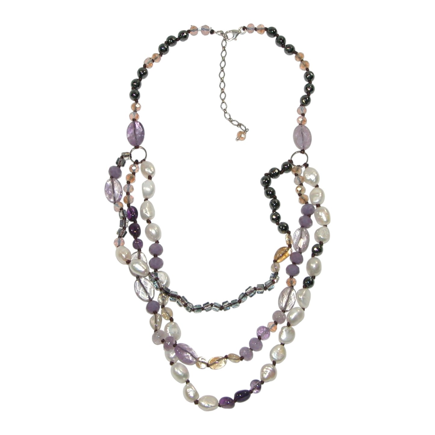 Amethyst, Citrine, Hematite, Freshwater Pearl Beaded Sterling Silver Necklace