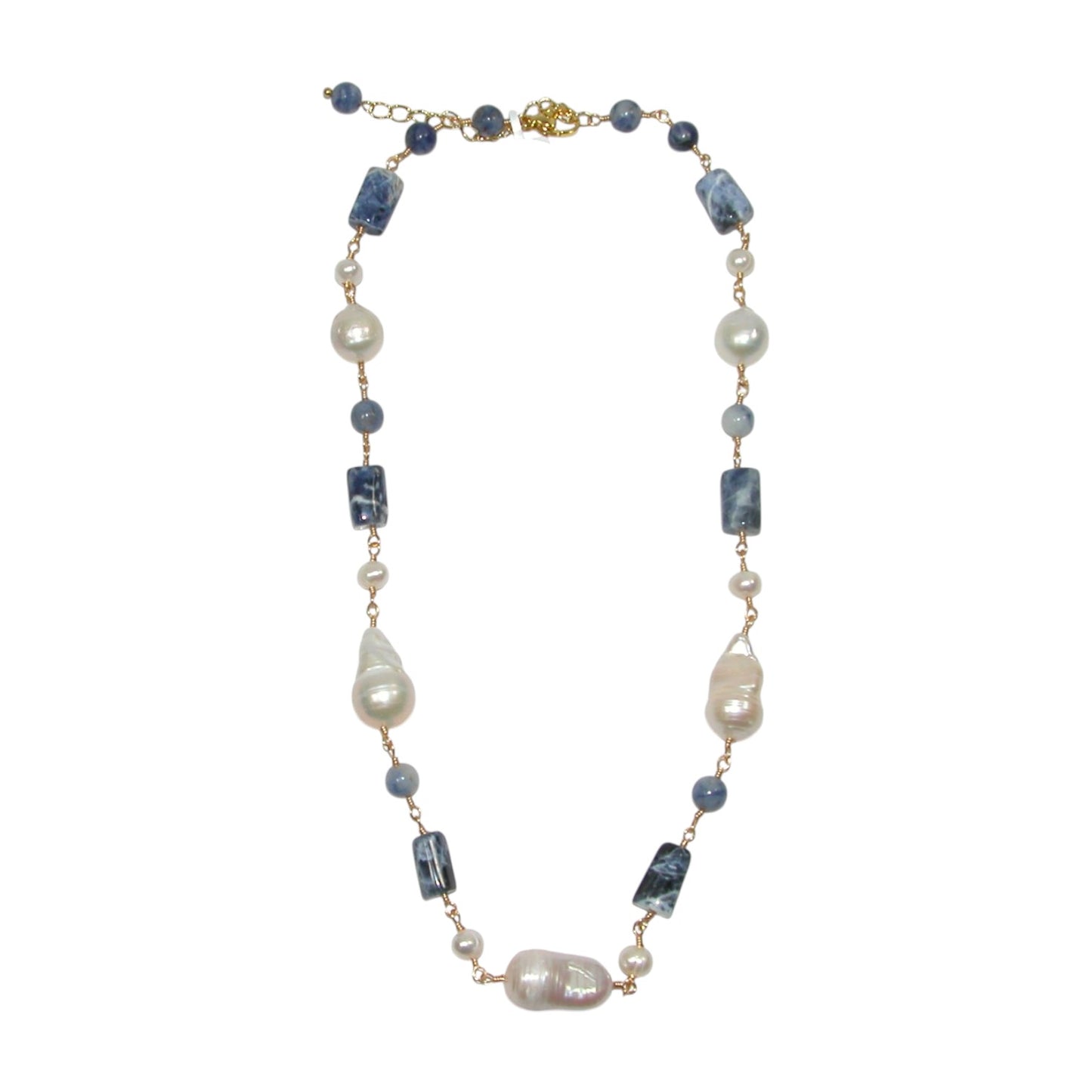 Sodalite, Freshwater Pearl Beaded Sterling Silver Necklace