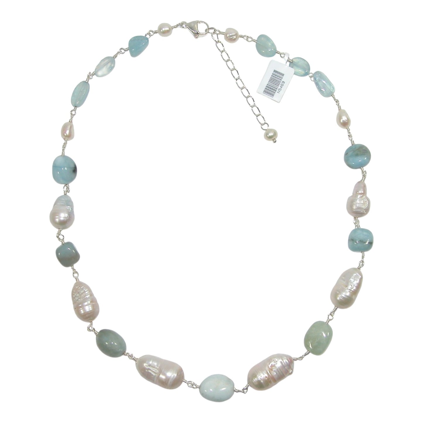 Aquamarine, Pearl Sterling Silver Beaded Necklace
