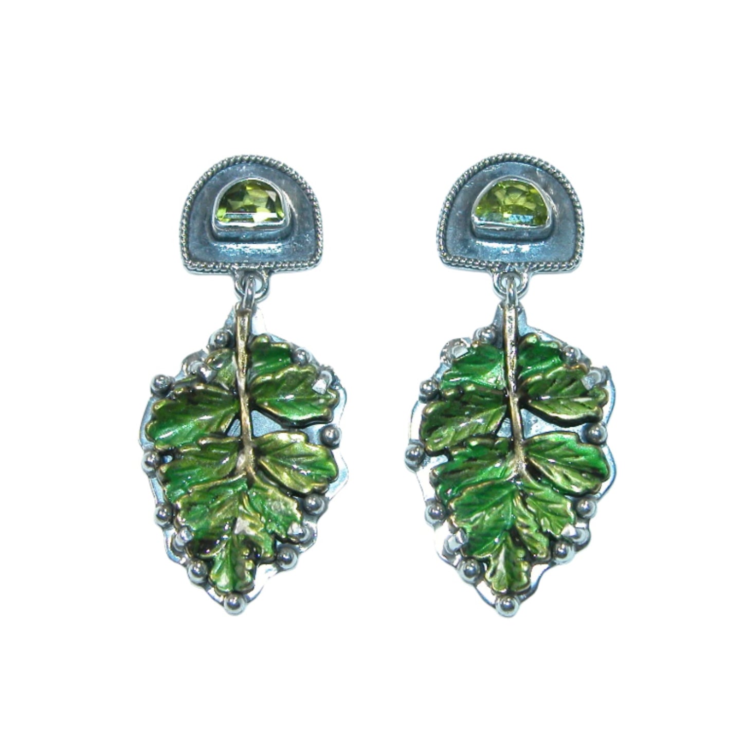T1057 Peridot Green Hand Enameled Leaf Sterling Silver Drop Earrings