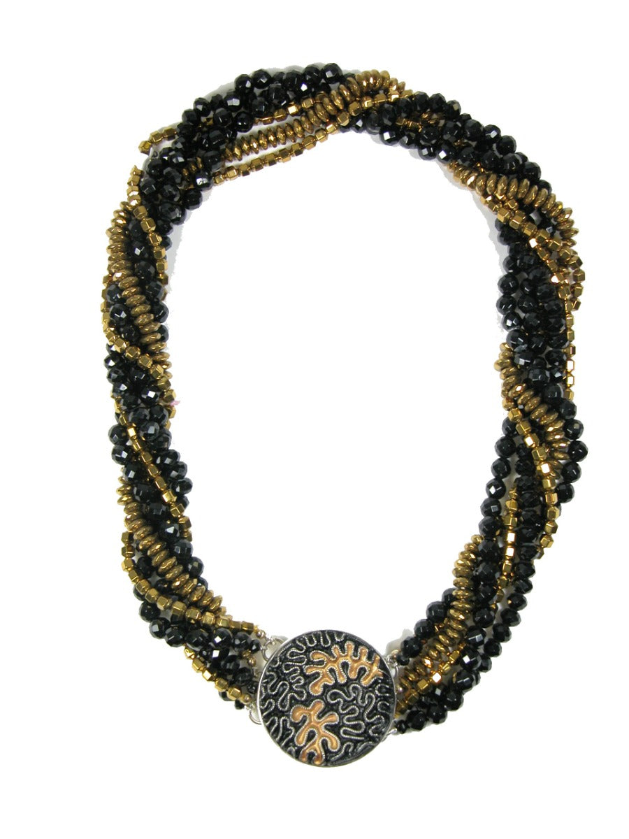 Black Onyx with Hematite and Vintage Button Glass Necklace
