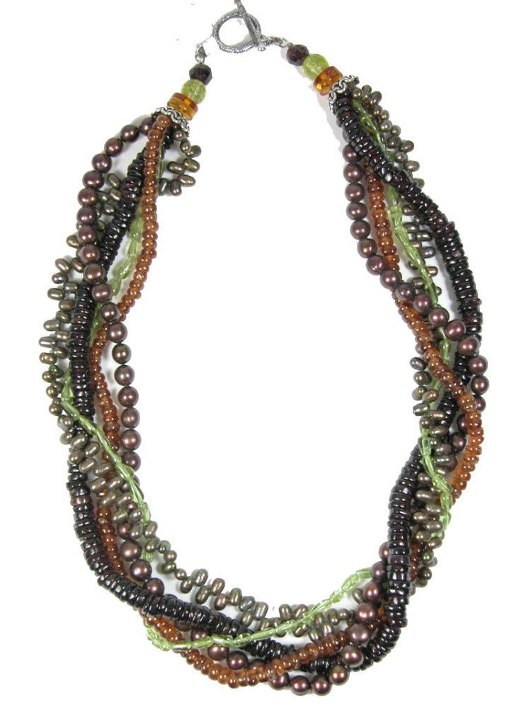 1654 Hessonite, Garnet, Peridot, Freshwater Pearl, Prehnite sterling Silver Multi Strand Necklace