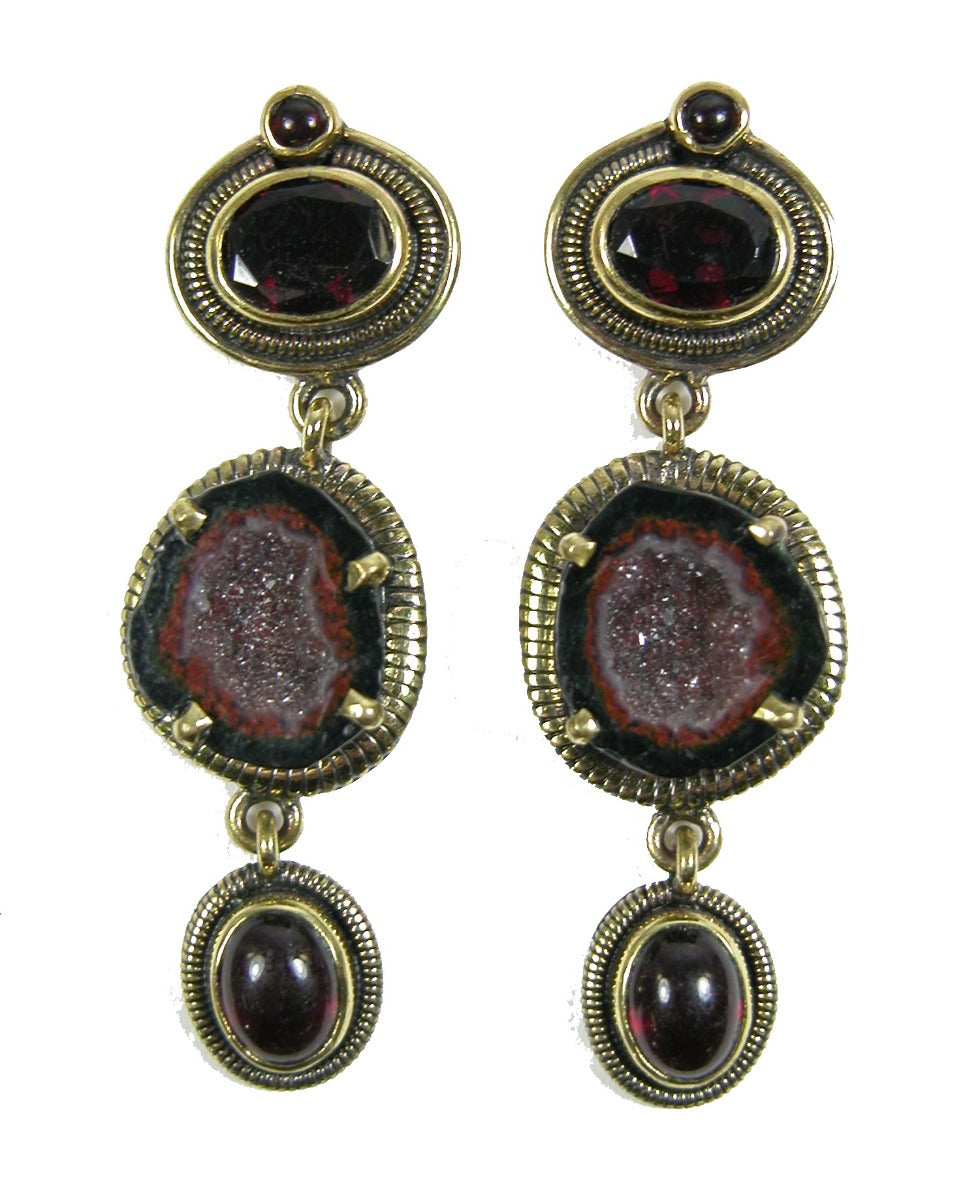6773E Garnet and Natural Geode on Brass Dangle Drop Earring