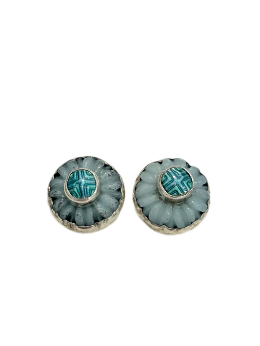 32396A Blue Quartz Flower, Hand Enameled, Sterling Silver Earrings