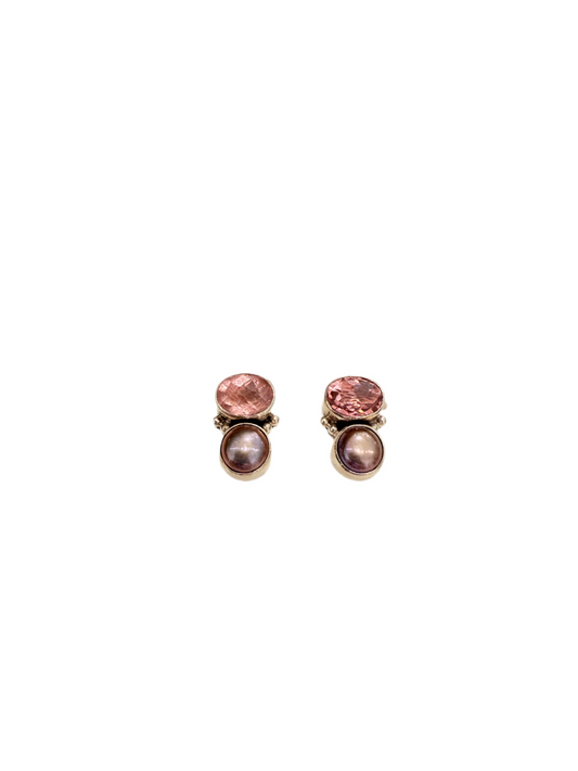 33462A 2 Stone, Pink Quartz Fresh Water Pearl, Sterling Silver Earrings
