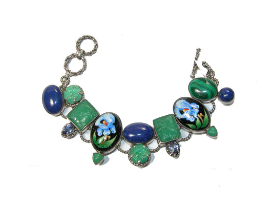 Painted Flower Chrysoprase Lapis Sterling Silver Bracelet