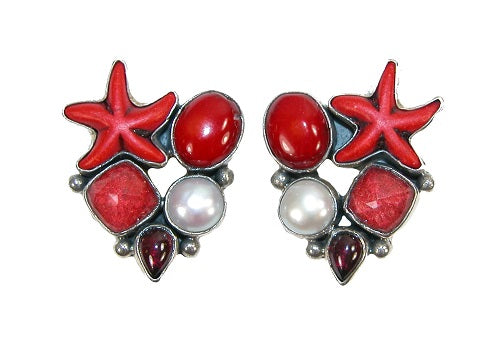 Carved Starfish Freshwater Pearl Sterling Silver Earring